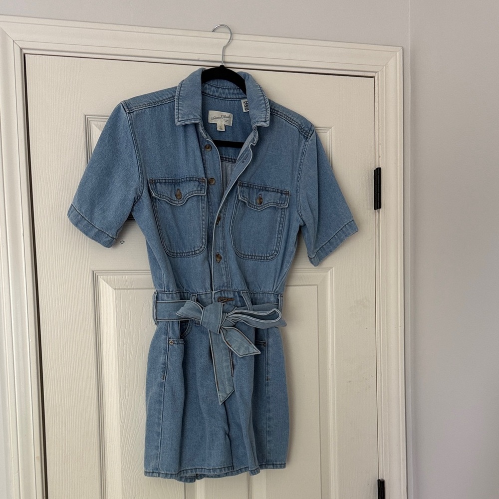 Universal Thread Light Blue Denim Button-Front Romper with Tie Waist
